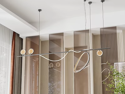 Modern Curved Metallic Chandelier With Warm Circular Lights Hanging In Elegant Interior 3d model