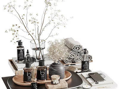 Elegant Washing Daily Essentials with Rolled Towels Aromatherapy Candles and Glass Bottles on Wooden Tray 3d model