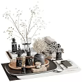 Elegant Washing Daily Essentials with Rolled Towels Aromatherapy Candles and Glass Bottles on Wooden Tray
