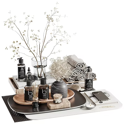 Elegant Washing Daily Essentials with Rolled Towels Aromatherapy Candles and Glass Bottles on Wooden Tray 3d model