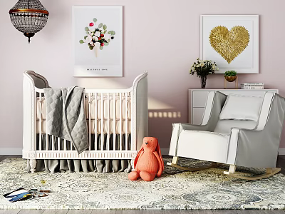 Soft Toned Nursery Baby Crib With Rocking Chair And Orange Bunny Toy On Patterned Rug 3d model