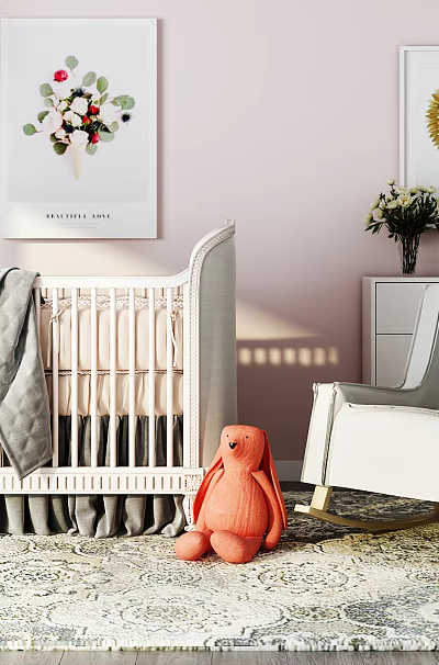 Soft Toned Nursery Baby Crib With Rocking Chair And Orange Bunny Toy On Patterned Rug 3d model