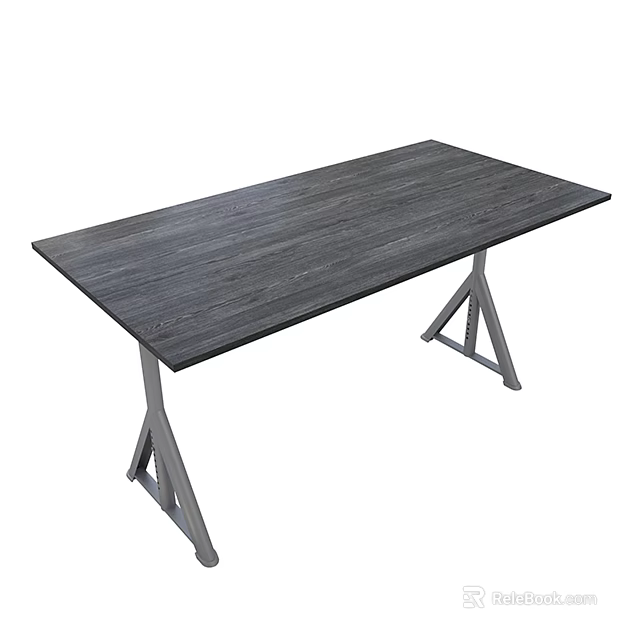 Gray Wood Grain Dining Table With Triangular Metal Legs Structure 3d model 
