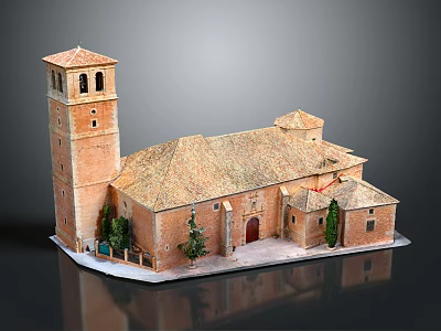 Historic Brick Church Building With Tiled Roof Tower And Small Trees 3d model