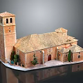 Historic Brick Church Building With Tiled Roof Tower And Small Trees