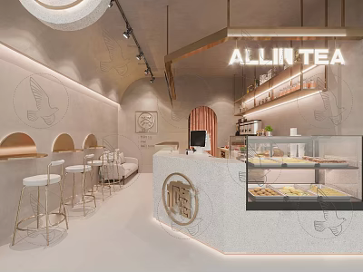 Modern All In Tea Shop Interior With White Counter Golden Stools And Pastry Display Case 3d model
