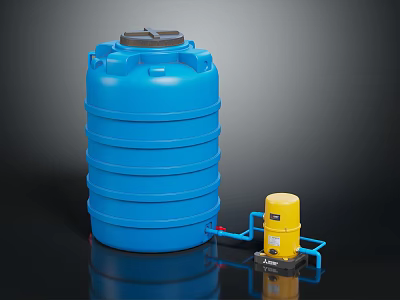 Durable Hardware Tools Including Blue Water Storage Tank Yellow Pump And Pipes 3d model