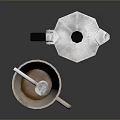 Daily Life Essentials Ceramic Coffee Mug With Stirrer And Rustic Moka Pot 3d model