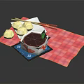 Bowl of Red Soup with White Dumplings and Chopsticks on Red Checkered Cloth