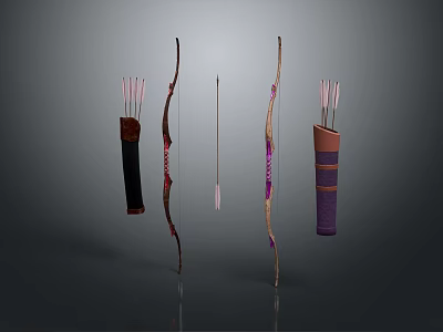Traditional Archery Weapon Collection with Wooden Bows Arrows and Decorative Quivers 3d model