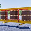 Industrial Power Transformer With Radiator Fins Insulator Bushings And Cylindrical Tank In Outdoor Green Setting