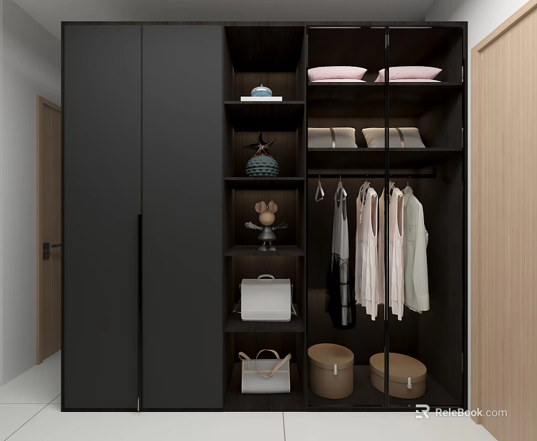 Modern Black Wardrobe With Glass Doors And Interior Storage For Hanging Folded Clothes 3d model 