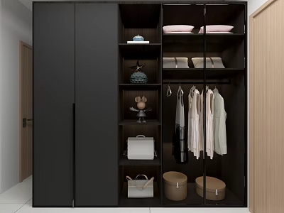 Modern Black Wardrobe With Glass Doors And Interior Storage For Hanging Folded Clothes 3d model
