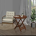 Beige Single Sofa With Button Tufted Design Wooden Frame Round Folding Table And Green Plant 3d model