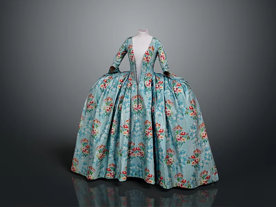 Vintage Turquoise Floral Pattern Dress With Full Skirt And Long Sleeves 3d model