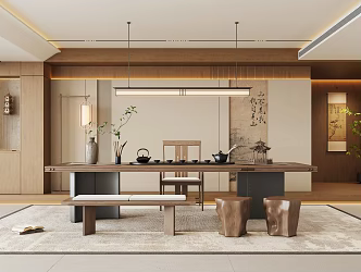 Zen New Chinese Tea Room Song Dynasty Aesthetic Background Wall Wooden Tea Table and Chair Combination Song Chandelier Floor Lamp Pagoda Decoration Ornaments Club Tea Room 3d model