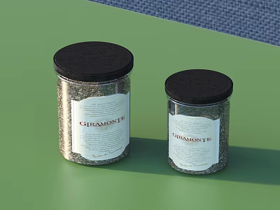 Clear Glass Spice Jars With Black Lids Holding Chia Seeds On Green Surface 3d model