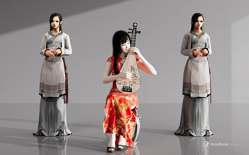Three Women In Traditional Attire One Playing Pipa In Red Qipao Others In Grey Dresses 3d model 