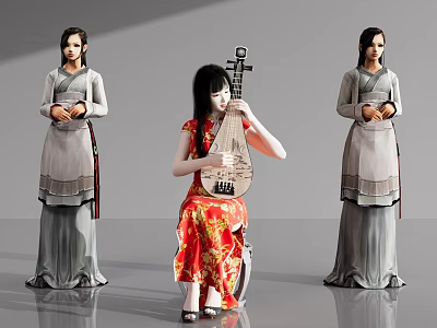 Three Women In Traditional Attire One Playing Pipa In Red Qipao Others In Grey Dresses 3d model