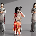 Three Women In Traditional Attire One Playing Pipa In Red Qipao Others In Grey Dresses