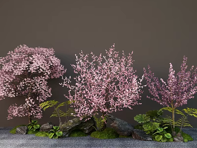 Garden Landscape with Pink Flowering Trees Stones Green Plants and Grass 3d model