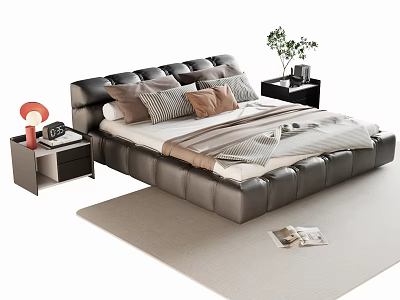 Modern Dark Leather Double Bed with Nightstands Lamp Alarm Clock Green Plant Rug and Magazine 3d model