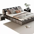 Modern Dark Leather Double Bed with Nightstands Lamp Alarm Clock Green Plant Rug and Magazine