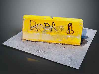 Yellow Road Barrier With Graffiti Featuring BOBA Text And Symbol On Concrete Ground 3d model