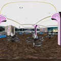 KTV Lounge With Neon Lights Large Mural Sofa Seating And Round Tables