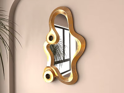 Gold Decorative Mirror With Wavy Frame And Circular Accents On Beige Wall 3d model