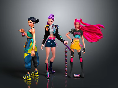 Three Anime Female Characters With Colorful Hairstyles And Stylish Outfits 3d model