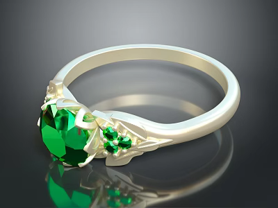 Elegant Silver Ring With Large Green Gemstone And Small Accent Gemstones Intricate Design 3d model
