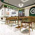 Traditional Craft Restaurant Interior With Green Seats Wooden Tables Marble Countertops And Bright Open Layout