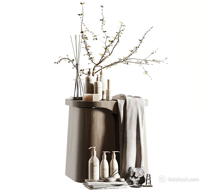 Minimalist Bathroom Accessories With Wooden Stand Towel Aromatherapy Bottles And Decorative Branches 3d model 