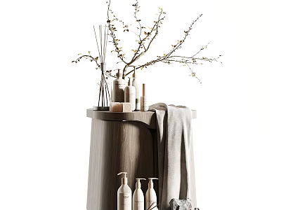 Minimalist Bathroom Accessories With Wooden Stand Towel Aromatherapy Bottles And Decorative Branches 3d model