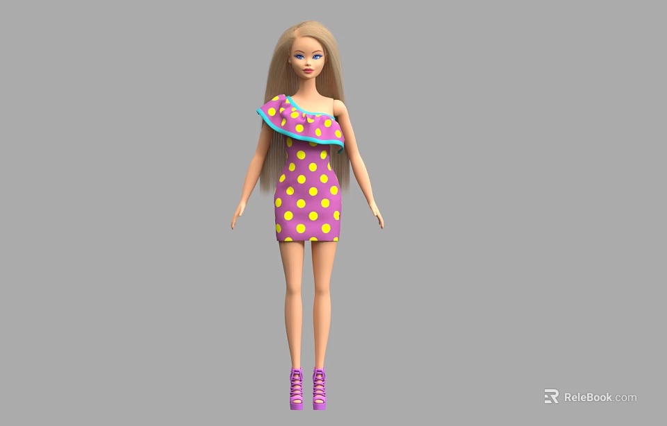 Fashionable Blonde Doll With Pink Polka Dot Dress Blue Shoulder Detail And Purple Shoes 3d model 