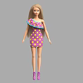 Fashionable Blonde Doll With Pink Polka Dot Dress Blue Shoulder Detail And Purple Shoes