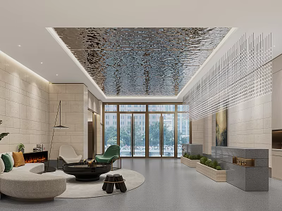 Modern Front Desk Reception Lobby Featuring Metallic Ceiling Floor to Ceiling Windows and Green Plants 3d model