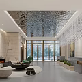 Modern Front Desk Reception Lobby Featuring Metallic Ceiling Floor to Ceiling Windows and Green Plants