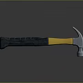 Steel Hammer Weapon with Blue Yellow Handle and Metal Head on Reflective Black Surface