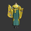 Traditional Japanese Kimono With Yellow Green Robe And Decorative Patterns On Mannequin