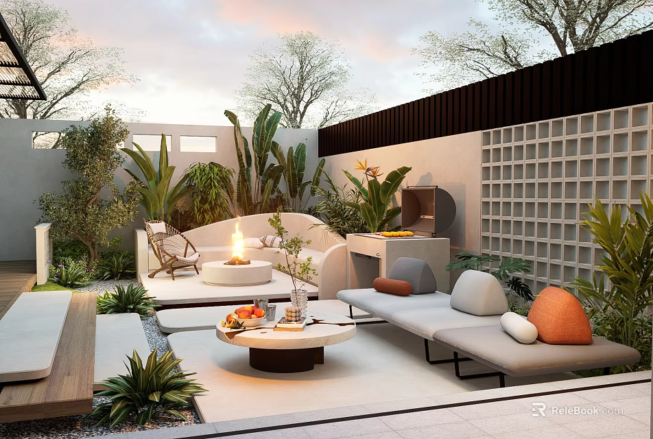 Stylish Courtyard Garden With Outdoor Sofas Fire Pit Green Plants And Decorative Lattice Wall 3d model 