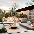 Stylish Courtyard Garden With Outdoor Sofas Fire Pit Green Plants And Decorative Lattice Wall