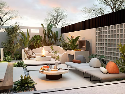 Stylish Courtyard Garden With Outdoor Sofas Fire Pit Green Plants And Decorative Lattice Wall 3d model