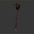 Ornate Red Fantasy Weapon Featuring Curved Bow Sickle Blade And Green Plant Decorations