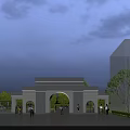 Modern Stone Entrance Gate Featuring Arched Design With Evening Lighting And People Walking