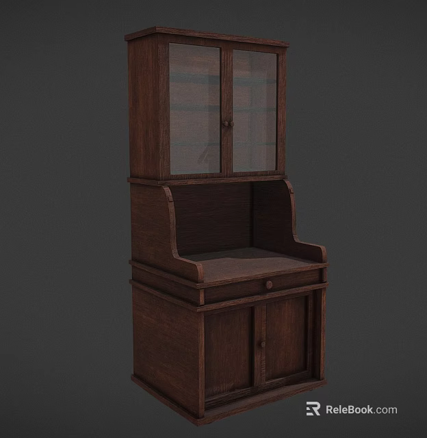 Vintage Wooden Bookcase Design With Glass Doors Open Shelves And Cabinet Storage 3d model 