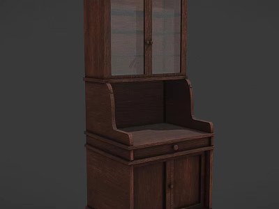 Vintage Wooden Bookcase Design With Glass Doors Open Shelves And Cabinet Storage 3d model