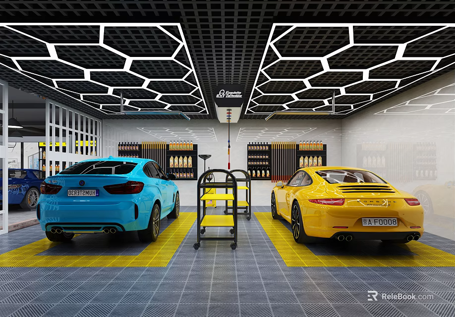 Modern 4S Dealership Showroom With Blue Yellow Cars Yellow Grid Floor And Honeycomb Ceiling Lights 3d model 