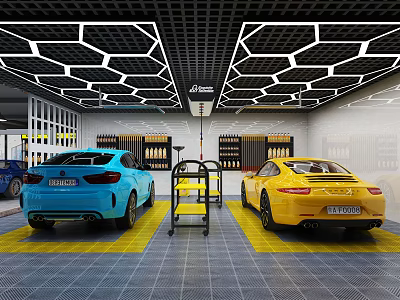 Modern 4S Dealership Showroom With Blue Yellow Cars Yellow Grid Floor And Honeycomb Ceiling Lights 3d model